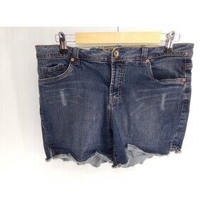 French Cuff Jean Shorts Womens 6 Blue Distressed Cutoff Mid Rise Med Wash Denim